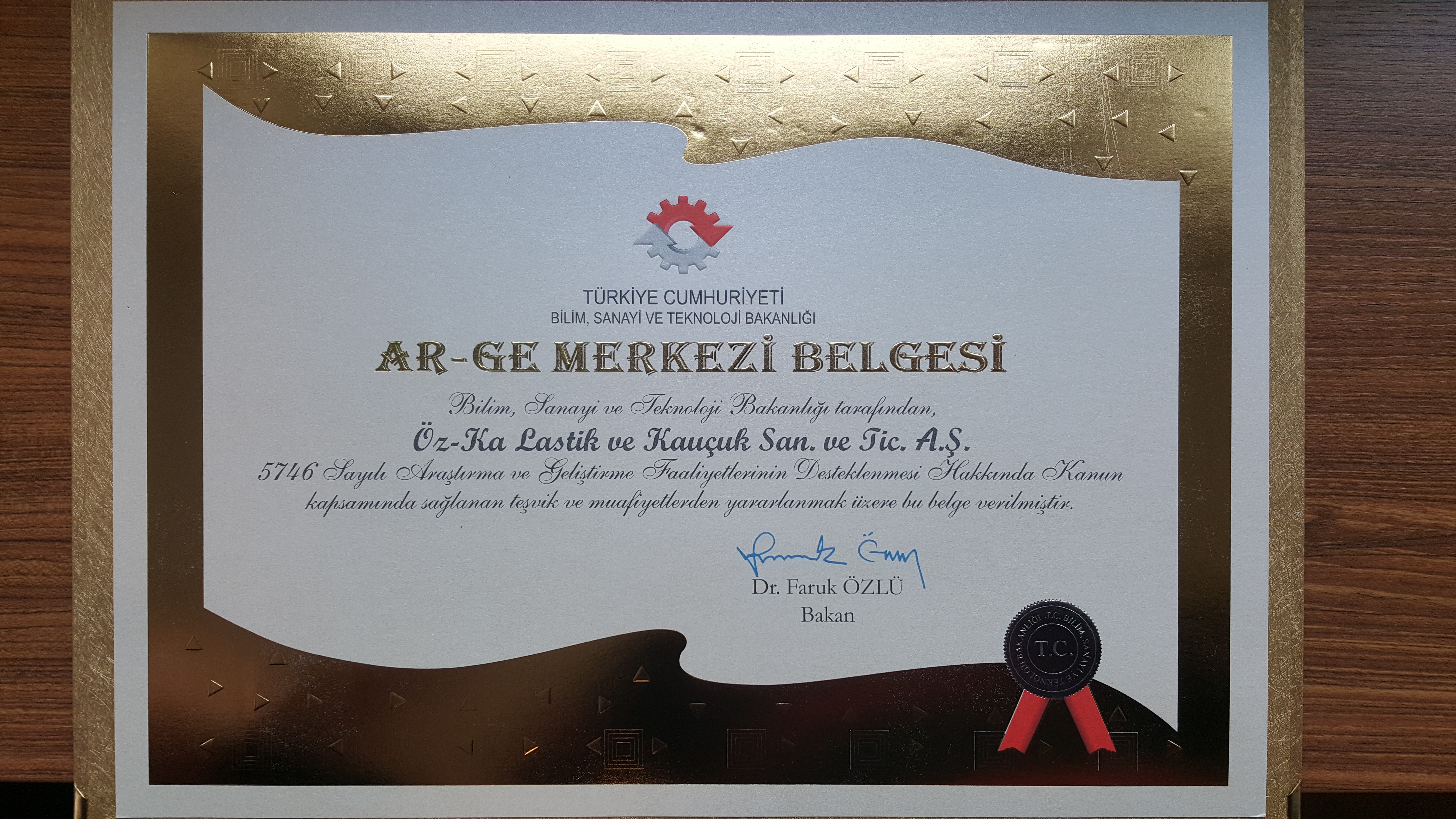 ÖZKA TIRES RECEIVED R & D CENTER CERTIFICATE